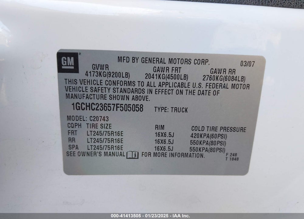 2007 CHEVROLET SILVERADO 2500HD VIN: 1GCHC23657F505058