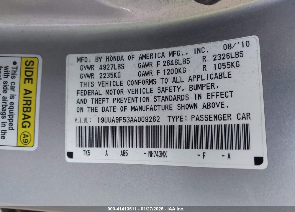 2010 ACURA TL VIN: 19UUA9F53AA009262