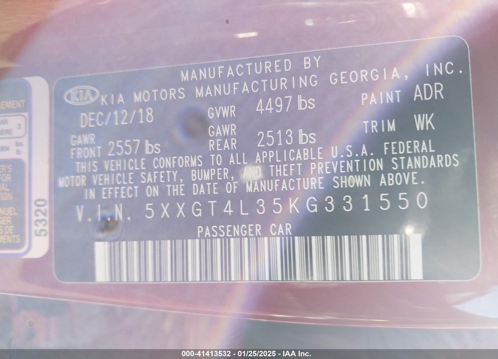 2019 KIA OPTIMA S VIN: 5XXGT4L35KG331550