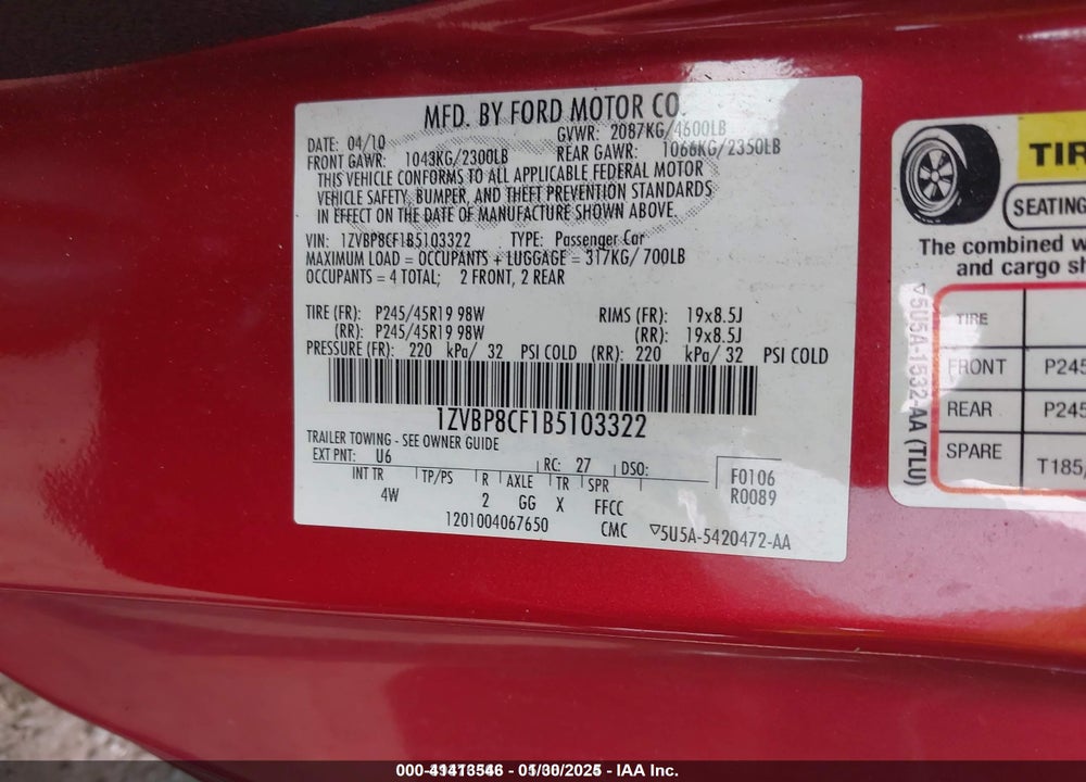 2011 FORD MUSTANG VIN: 1ZVBP8CF1B5103322