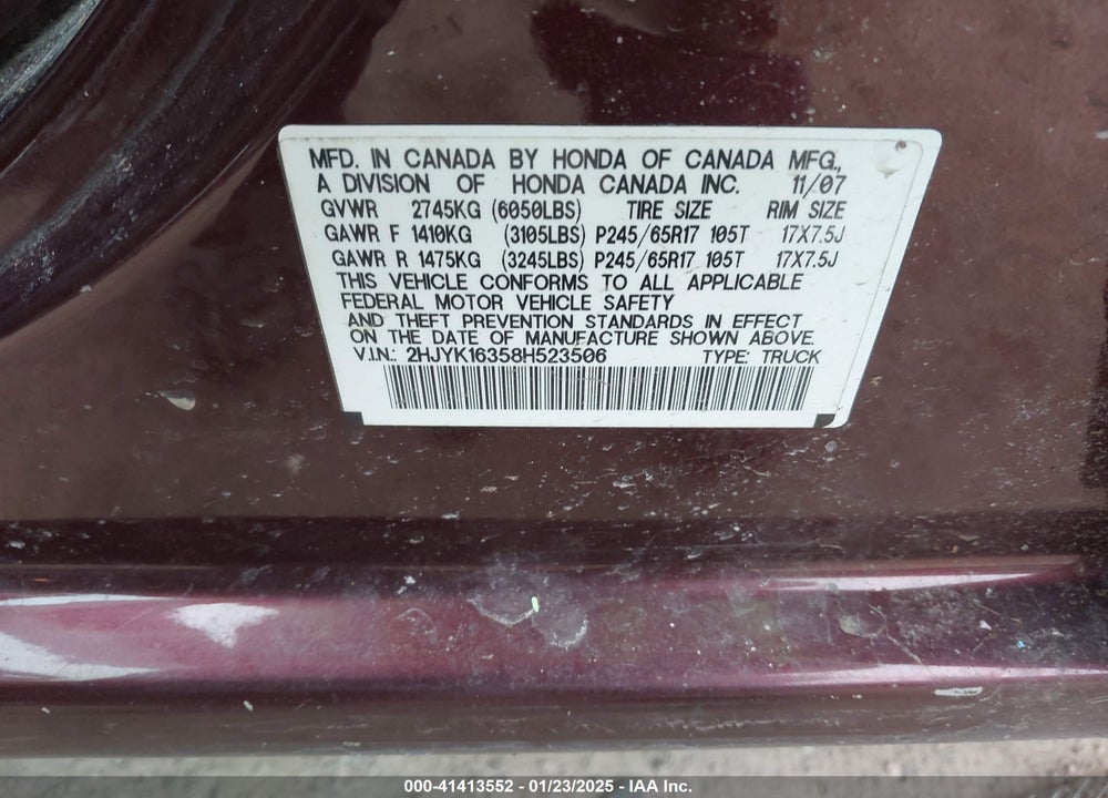 2008 HONDA RIDGELINE RTX VIN: 2HJYK16358H523506