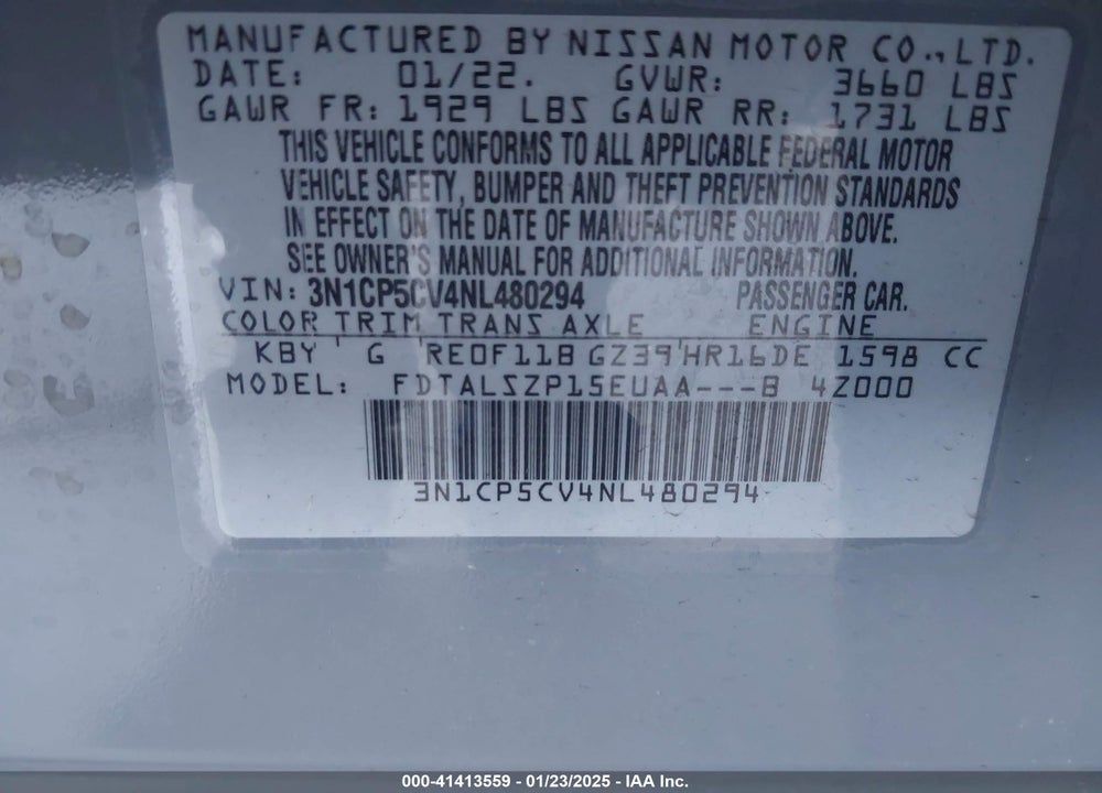 2022 NISSAN KICKS SV XTRONIC CVT VIN: 3N1CP5CV4NL480294