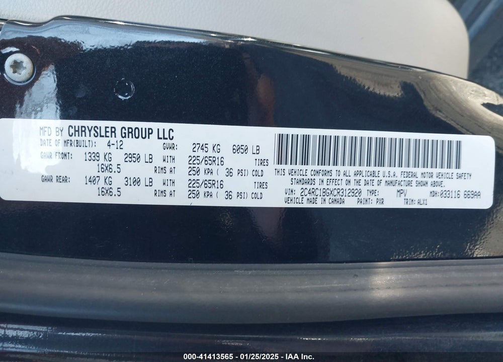 2012 CHRYSLER TOWN & COUNTRY VIN: 2C4RC1BGXCR312920