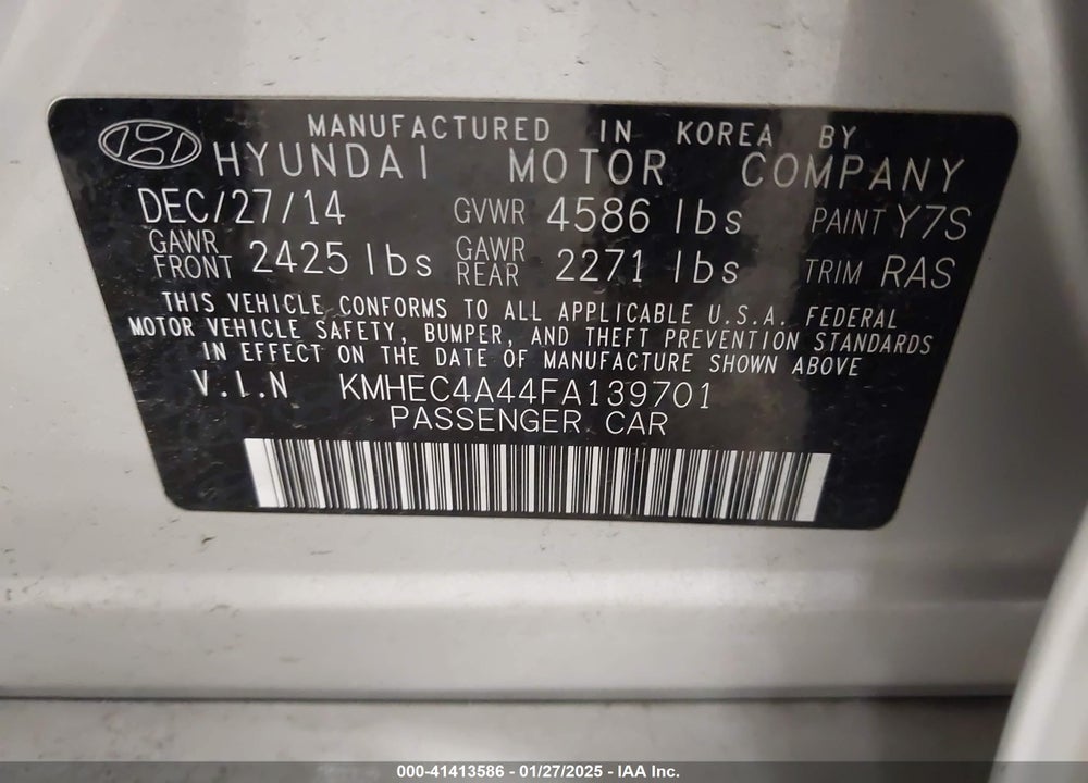 2015 HYUNDAI SONATA HYBRID VIN: KMHEC4A44FA139701