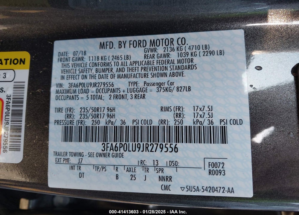 2018 FORD FUSION HYBRID VIN: 3FA6P0LU9JR279556