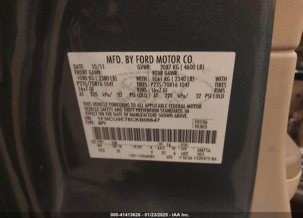 2012 FORD ESCAPE LIMITED VIN: 1FMCU9E78CKB06647
