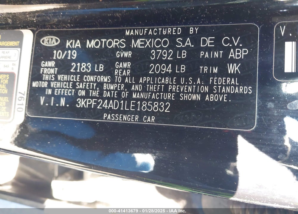 2020 KIA FORTE VIN: 3KPF24AD1LE185832