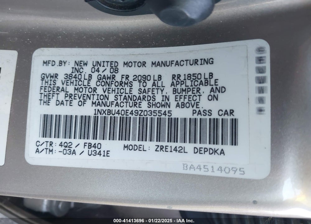 2009 TOYOTA COROLLA LE VIN: 1NXBU40E49Z035545
