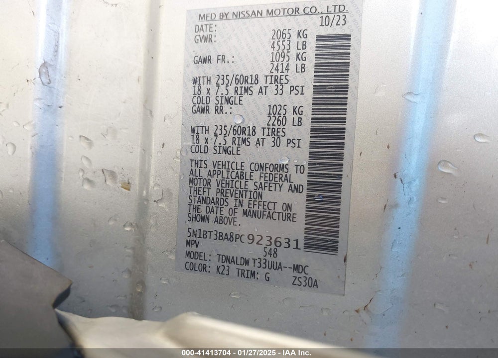 2023 NISSAN ROGUE SV FWD VIN: 5N1BT3BA8PC923631