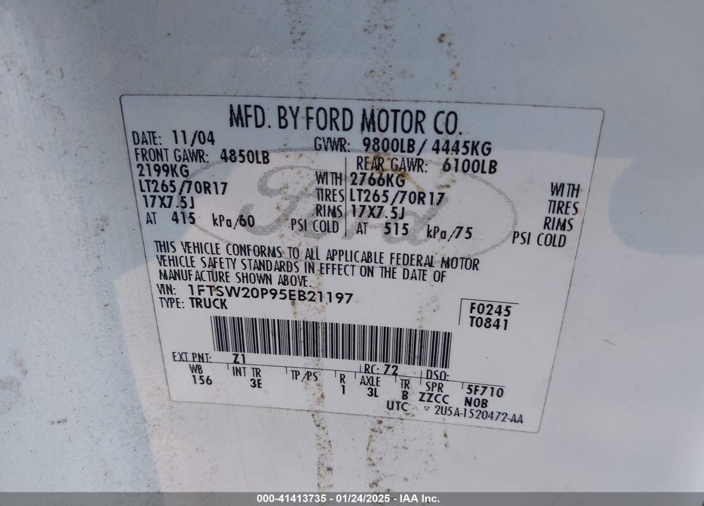 2005 FORD F-250 LARIAT/XL/XLT VIN: 1FTSW20P95EB21197