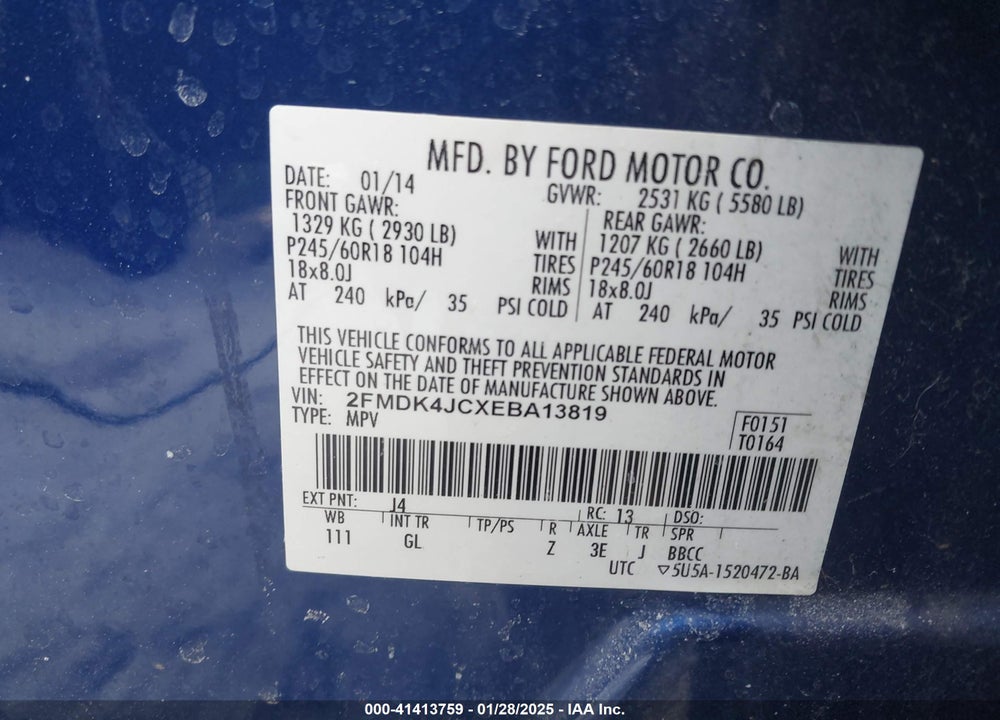 2014 FORD EDGE SEL VIN: 2FMDK4JCXEBA13819