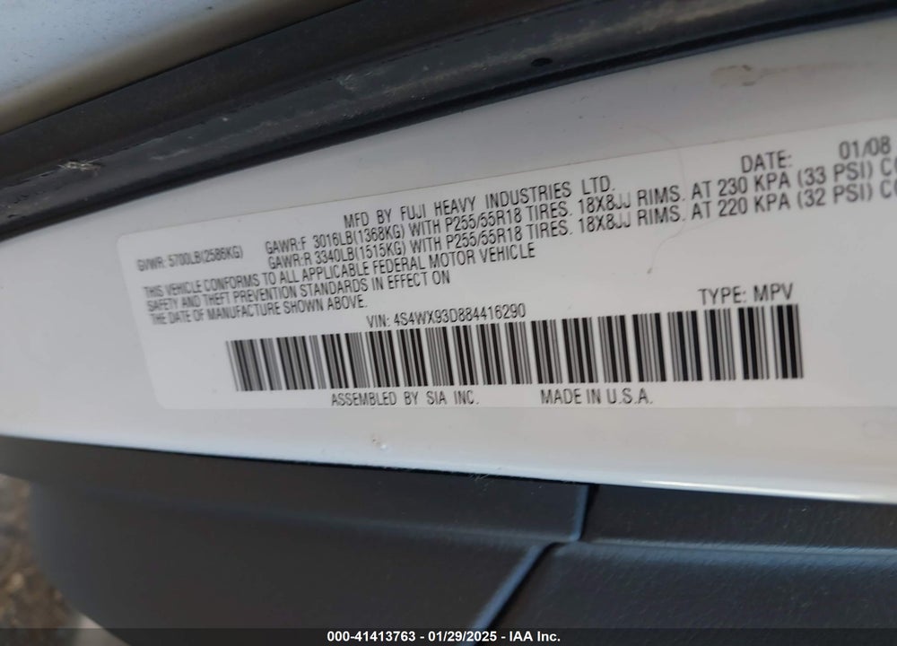 2008 SUBARU TRIBECA LIMITED 5-PASSENGER VIN: 4S4WX93D884416290