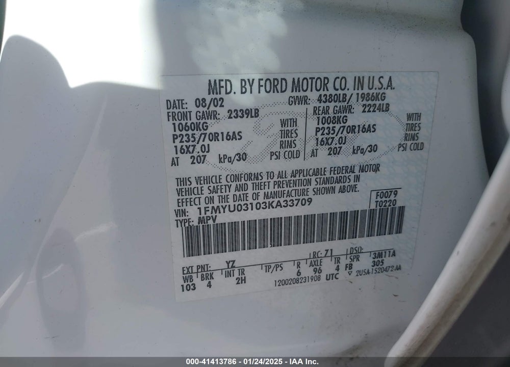 2003 FORD ESCAPE XLT VIN: 1FMYU03103KA33709