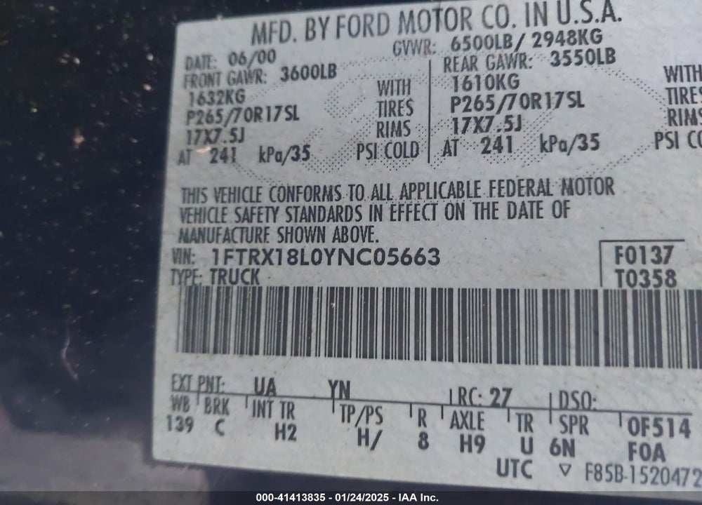 2000 FORD F-150 LARIAT/WORK SERIES/XL/XLT VIN: 1FTRX18L0YNC05663