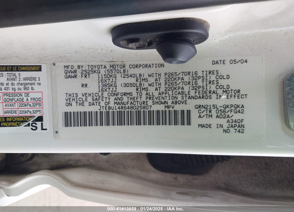 2004 TOYOTA 4RUNNER SR5 V6 VIN: JTEBU14R648025807