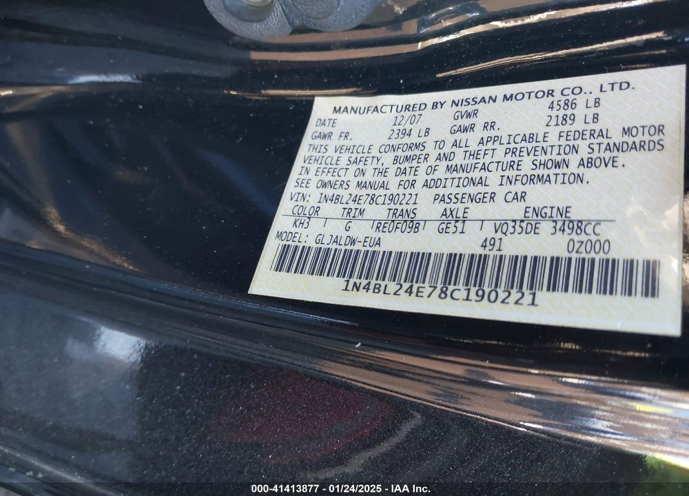 2008 NISSAN ALTIMA VIN: 1N4BL24E78C190221