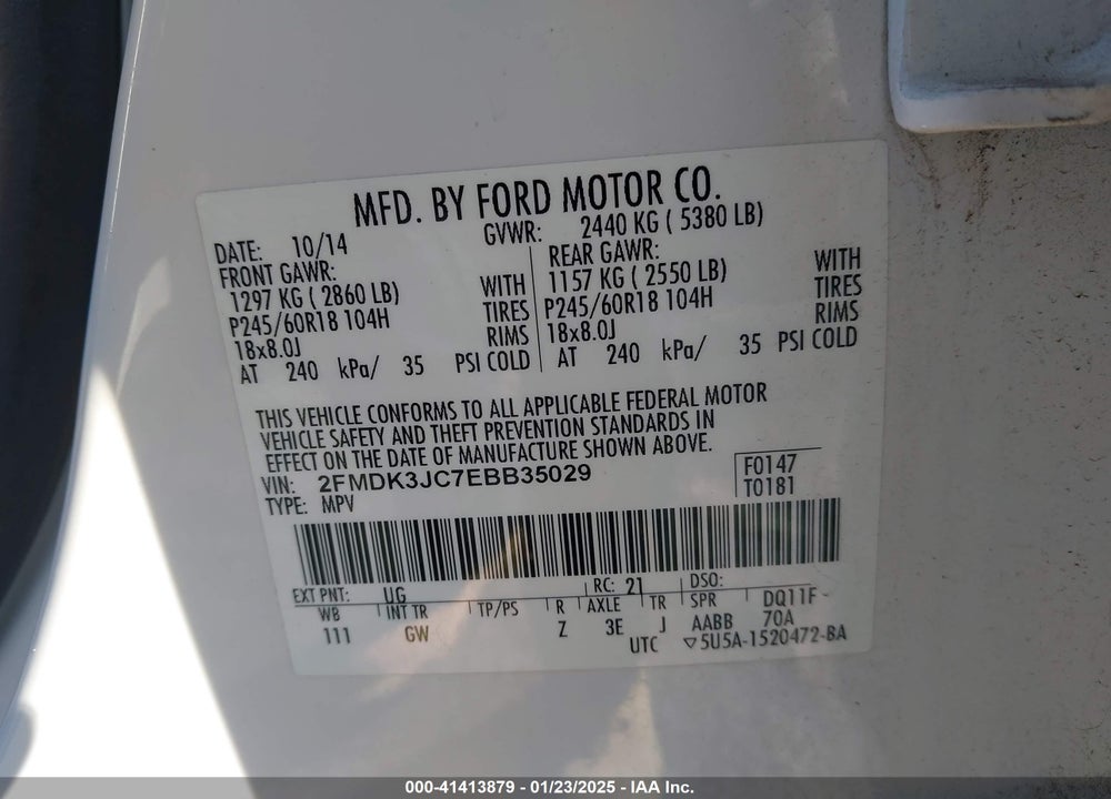 2014 FORD EDGE SEL VIN: 2FMDK3JC7EBB35029