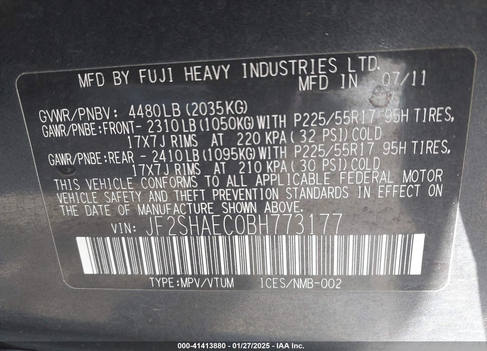 2011 SUBARU FORESTER VIN: JF2SHAEC0BH773177