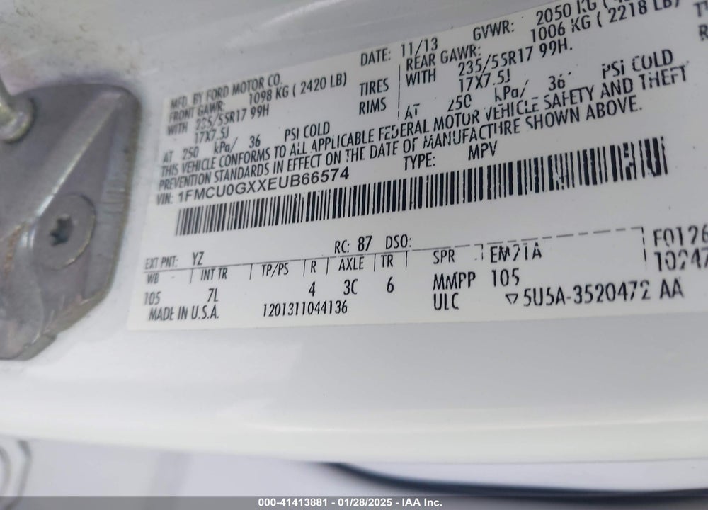 2014 FORD ESCAPE SE VIN: 1FMCU0GXXEUB66574