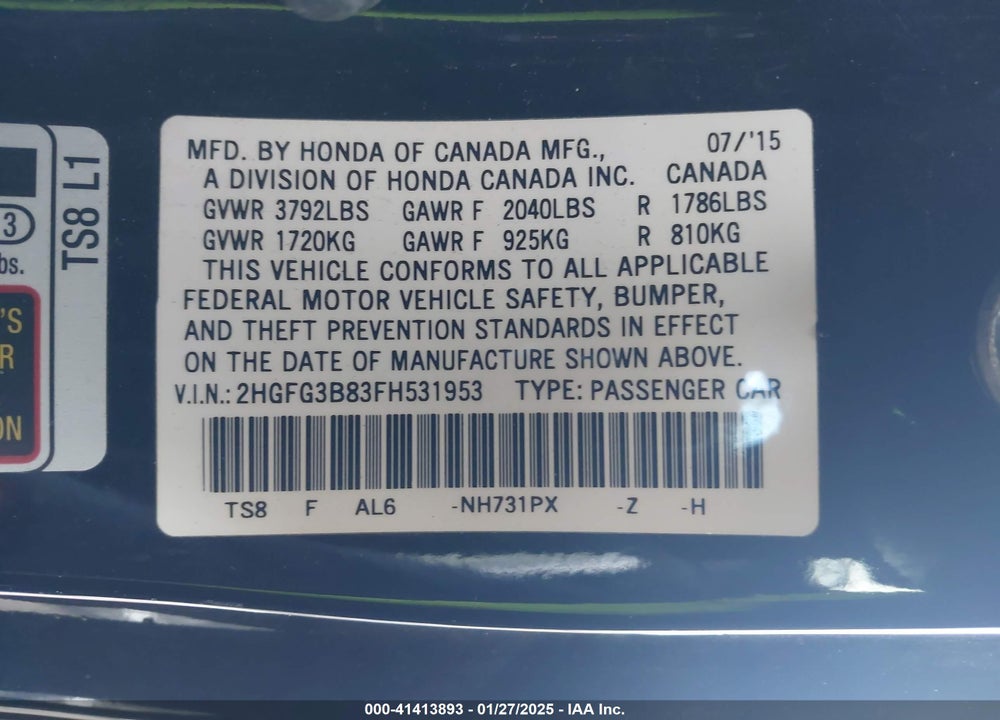 2015 HONDA CIVIC VIN: 2HGFG3B83FH531953