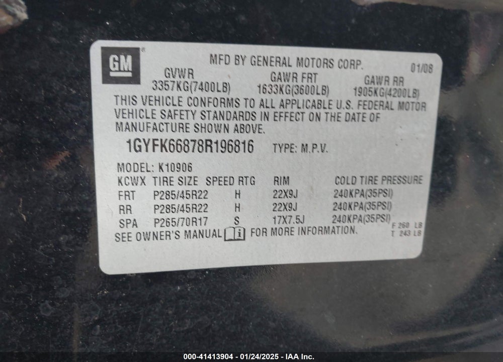 2008 CADILLAC ESCALADE ESV STANDARD VIN: 1GYFK66878R196816