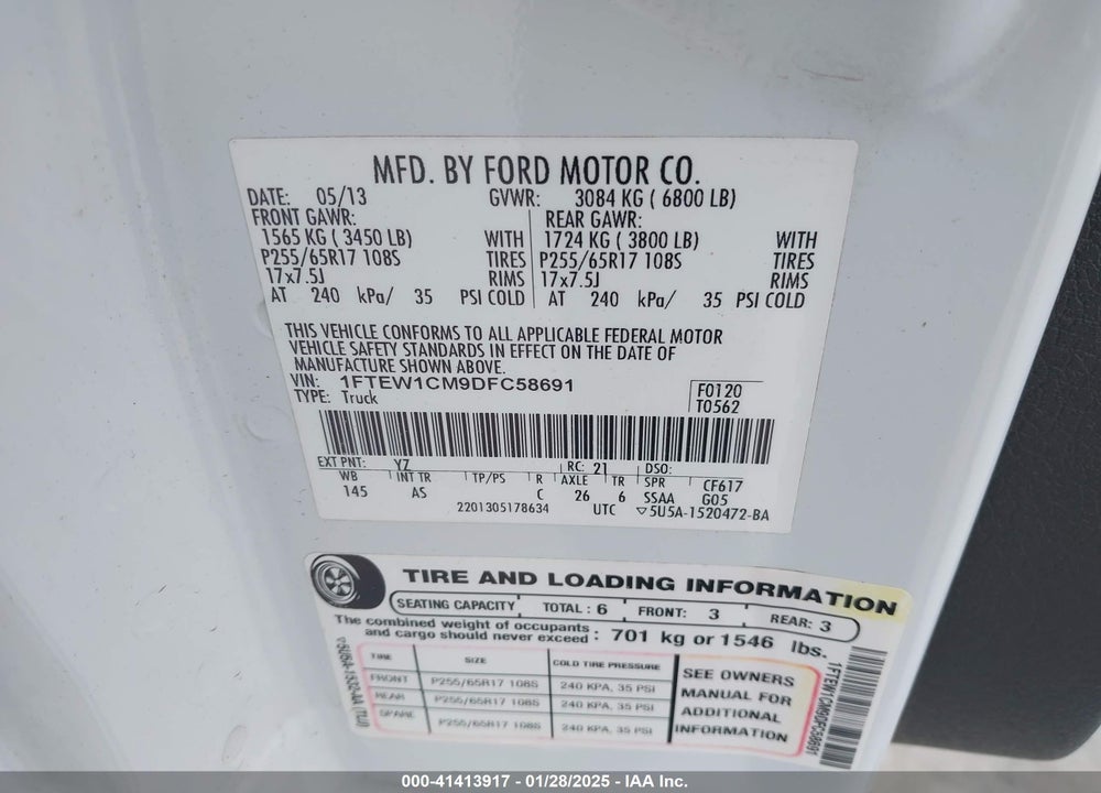 2013 FORD F-150 XL VIN: 1FTEW1CM9DFC58691