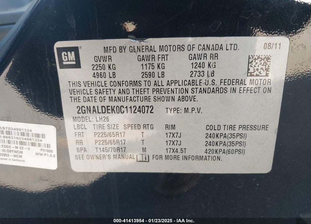 2012 CHEVROLET EQUINOX 1LT VIN: 2GNALDEK0C1124072