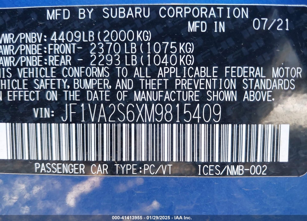 2021 SUBARU WRX STI VIN: JF1VA2S6XM9815409