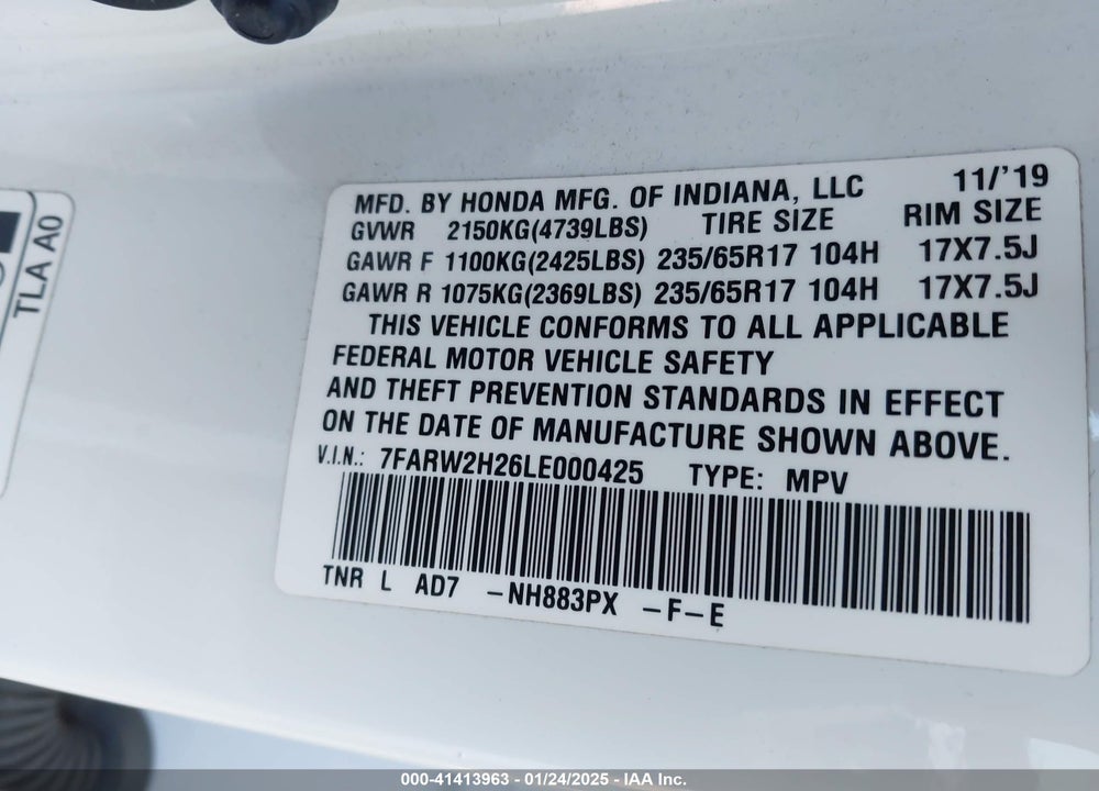 2020 HONDA CR-V AWD LX VIN: 7FARW2H26LE000425