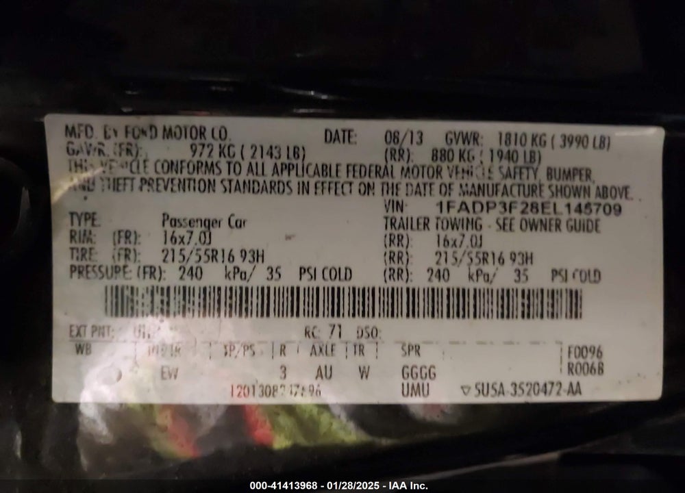 2014 FORD FOCUS VIN: 1FADP3F28EL145709