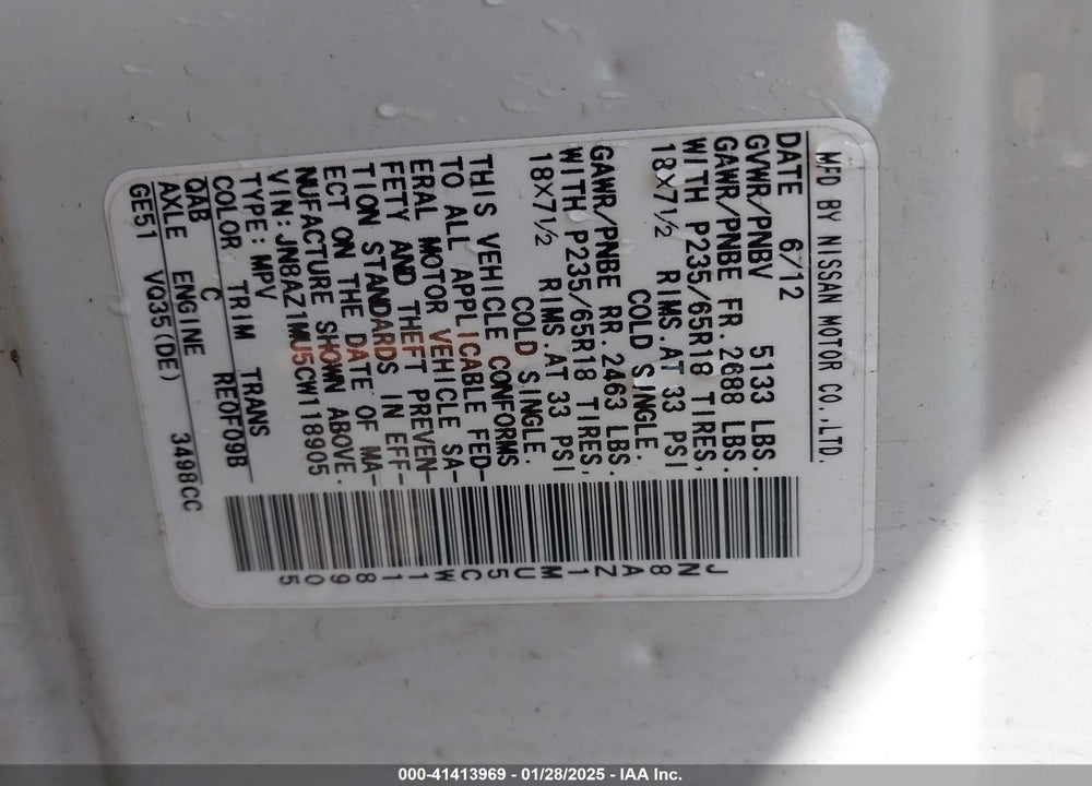2012 NISSAN MURANO S VIN: JN8AZ1MU5CW118905