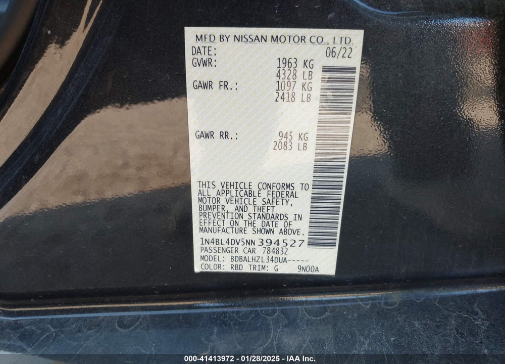 2022 NISSAN ALTIMA SV FWD VIN: 1N4BL4DV5NN394527