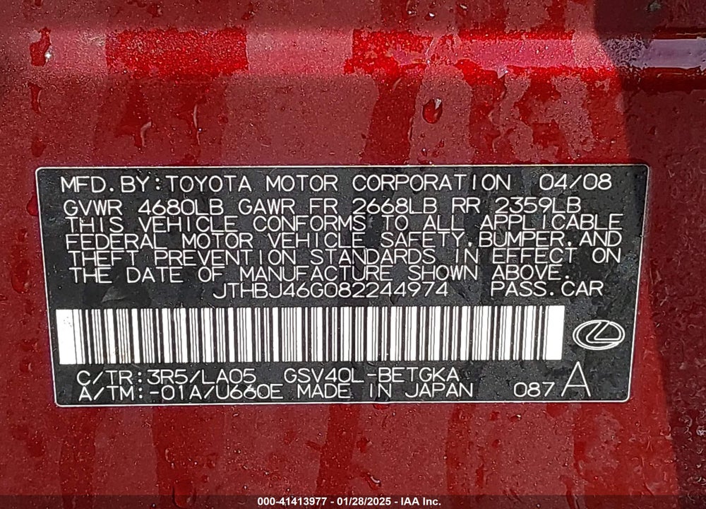 2008 LEXUS ES 350 VIN: JTHBJ46G082244974