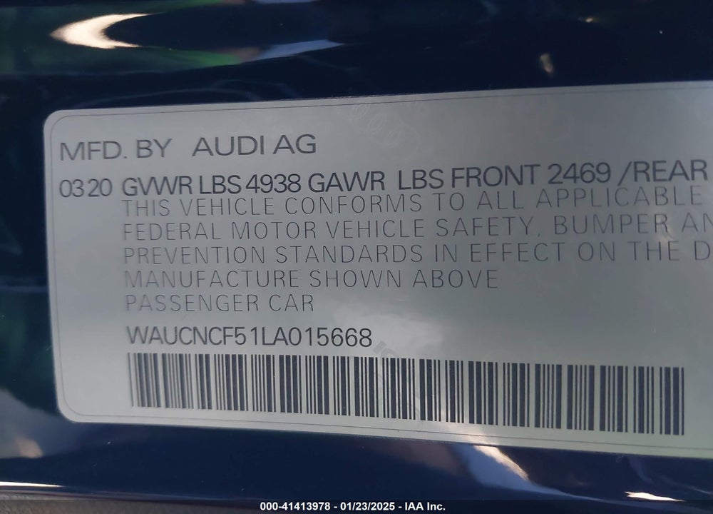 2020 AUDI A5 SPORTBACK PREMIUM PLUS 45 TFSI QUATTRO S TRONIC VIN: WAUCNCF51LA015668