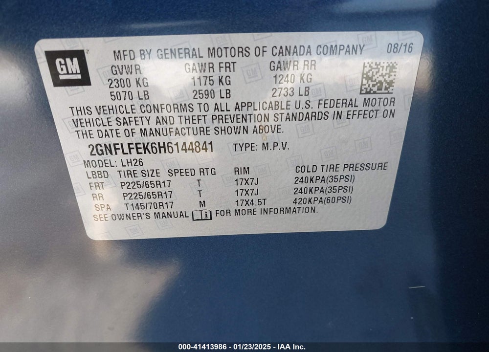 2017 CHEVROLET EQUINOX LT VIN: 2GNFLFEK6H6144841