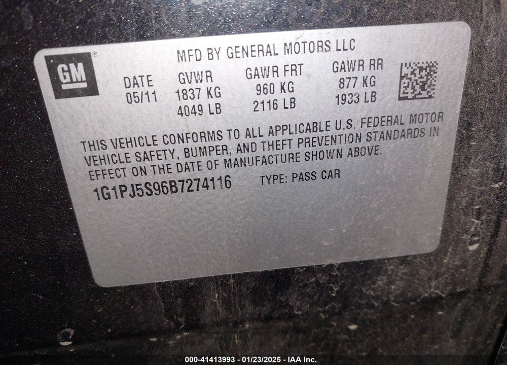 2011 CHEVROLET CRUZE VIN: 1G1PJ5S96B7274116