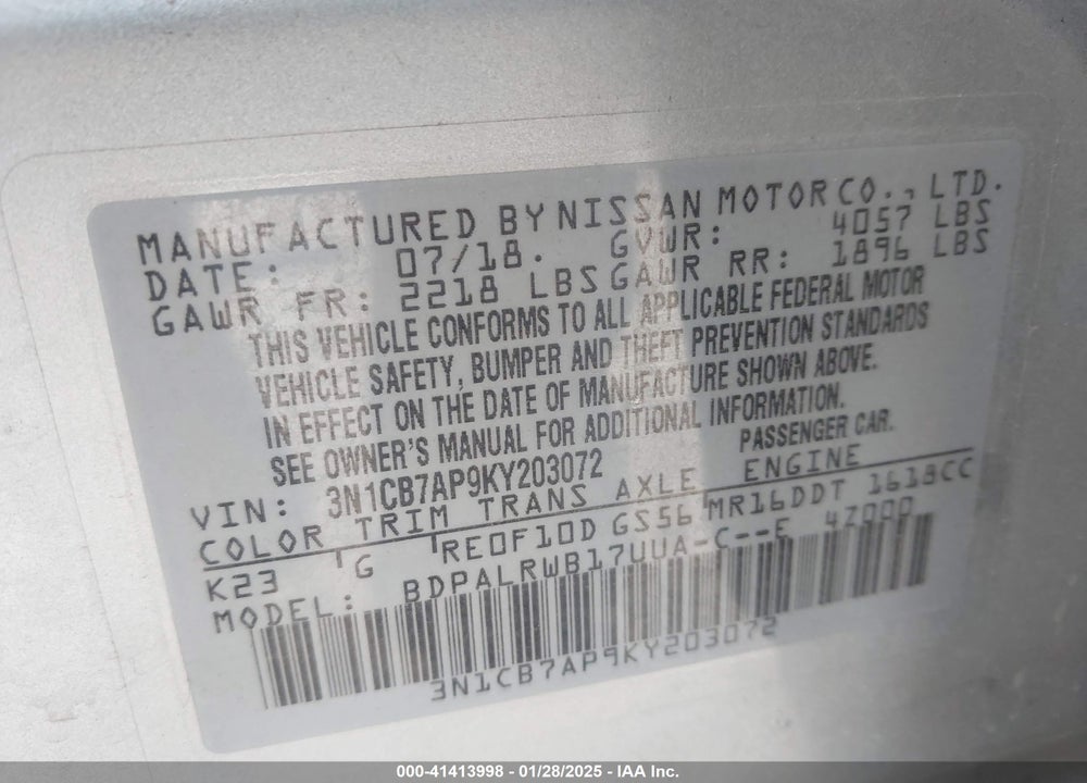 2019 NISSAN SENTRA VIN: 3N1CB7AP9KY203072