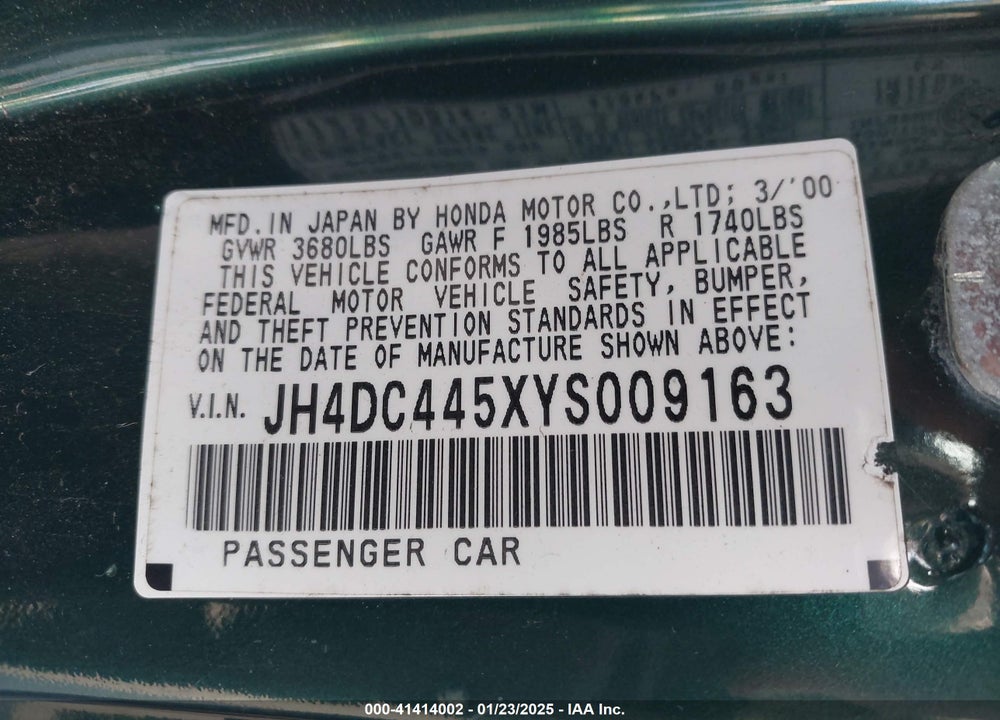 2000 ACURA INTEGRA LS VIN: JH4DC445XYS009163