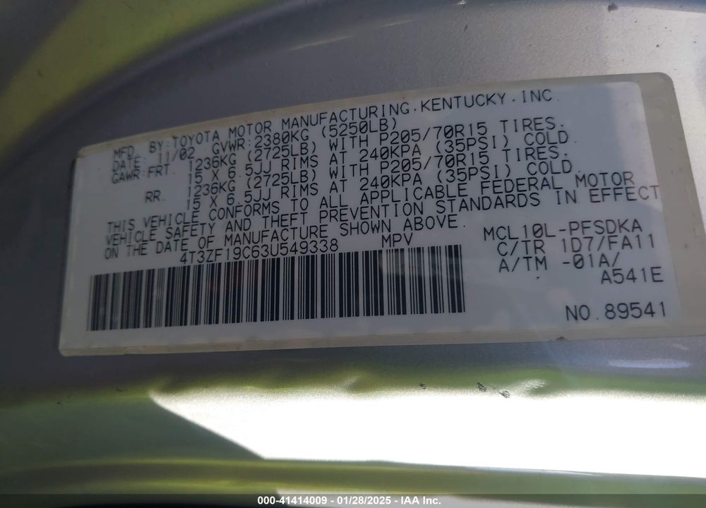 2003 TOYOTA SIENNA CE VIN: 4T3ZF19C63U549338