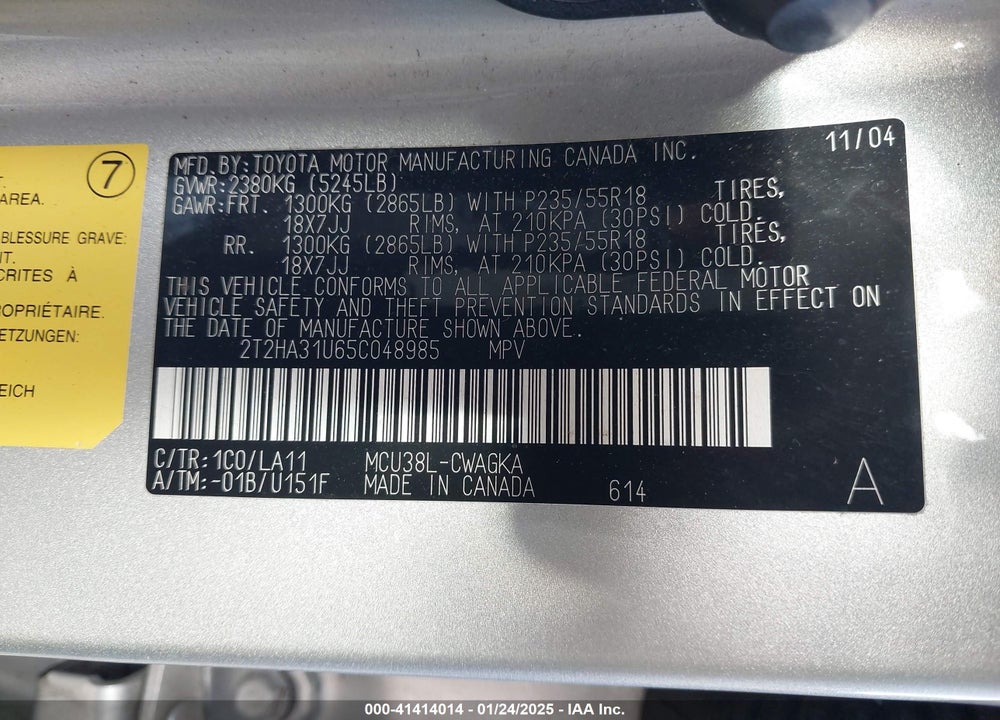 2005 LEXUS RX 330 VIN: 2T2HA31U65C048985