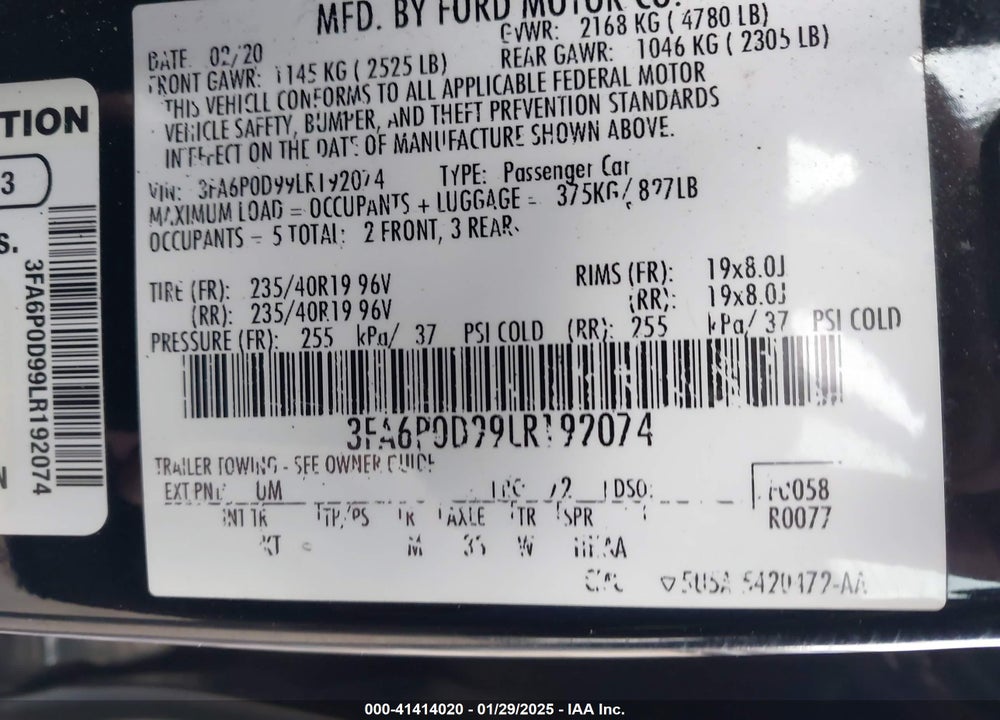 2020 FORD FUSION VIN: 3FA6P0D99LR192074