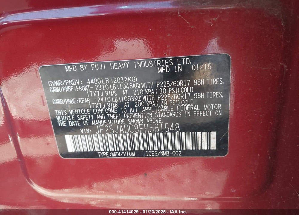 2015 SUBARU FORESTER 2.5I PREMIUM VIN: JF2SJADC8FH581548