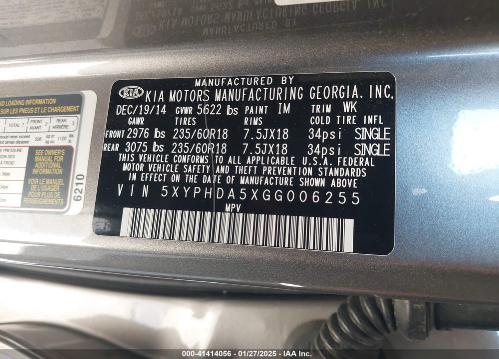2016 KIA SORENTO 3.3L EX VIN: 5XYPHDA5XGG006255