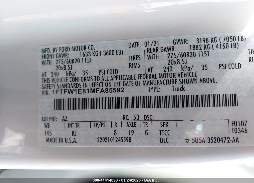2021 FORD F-150 VIN: 1FTFW1E81MFA85592