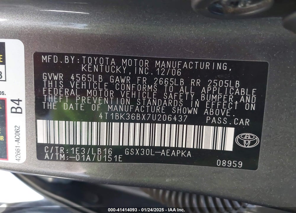 2007 TOYOTA AVALON VIN: 4T1BK36BX7U206437