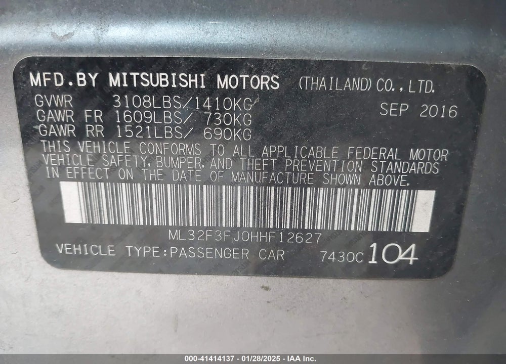 2017 MITSUBISHI MIRAGE G4 ES VIN: ML32F3FJ0HHF12627