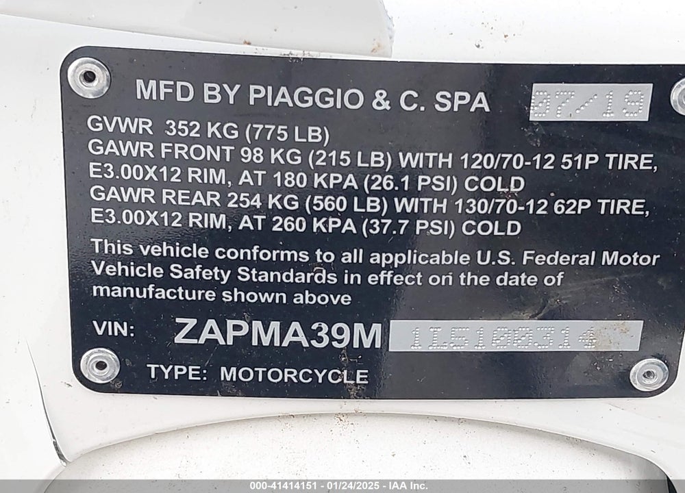 2020 VESPA PIAGGI GTS 300 VIN: ZAPMA39M1L5100314