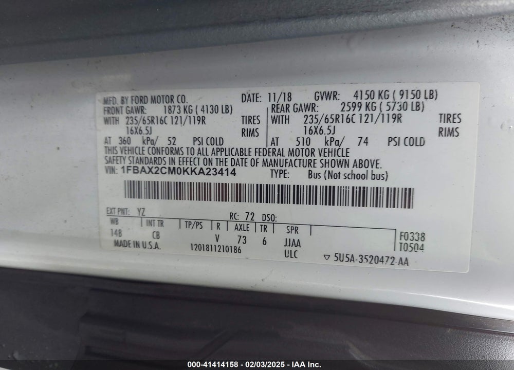 2019 FORD TRANSIT VIN: 1FBAX2CM0KKA23414