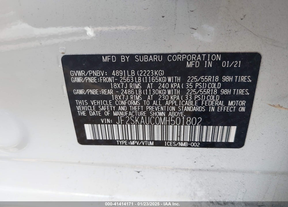 2021 SUBARU FORESTER LIMITED VIN: JF2SKAUC0MH501802
