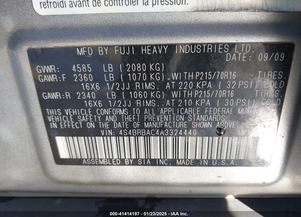 2010 SUBARU OUTBACK 2.5I VIN: 4S4BRBAC4A3324440